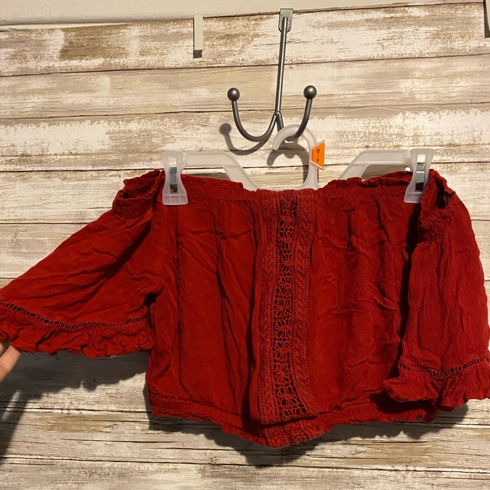 Red Off the Shoulder Crop Top with Ruffled Sleeves